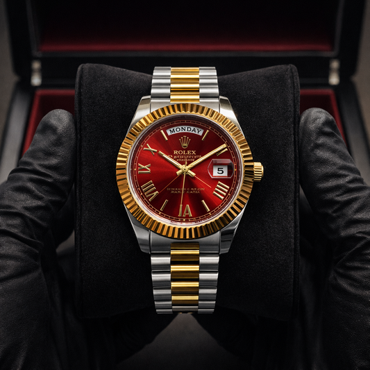 Rolex Oyster Perpetual | Master Quality | High Grade | Two Tone Red | Crown Lock | Full Day-Date | Roman Dial