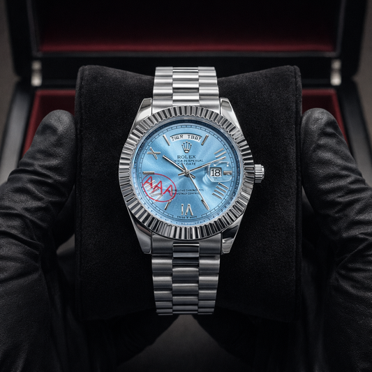 Rolex Oyster Perpetual | Master Quality | High Grade | Silver Tiffany | Crown Lock | Full Day-Date | Roman Dial
