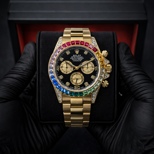 Rolex oyster perpetual Daytona  Rainbow | Black Dial | Gold Chain | Master Quality | Sapphire diamonds | Heavy weight
