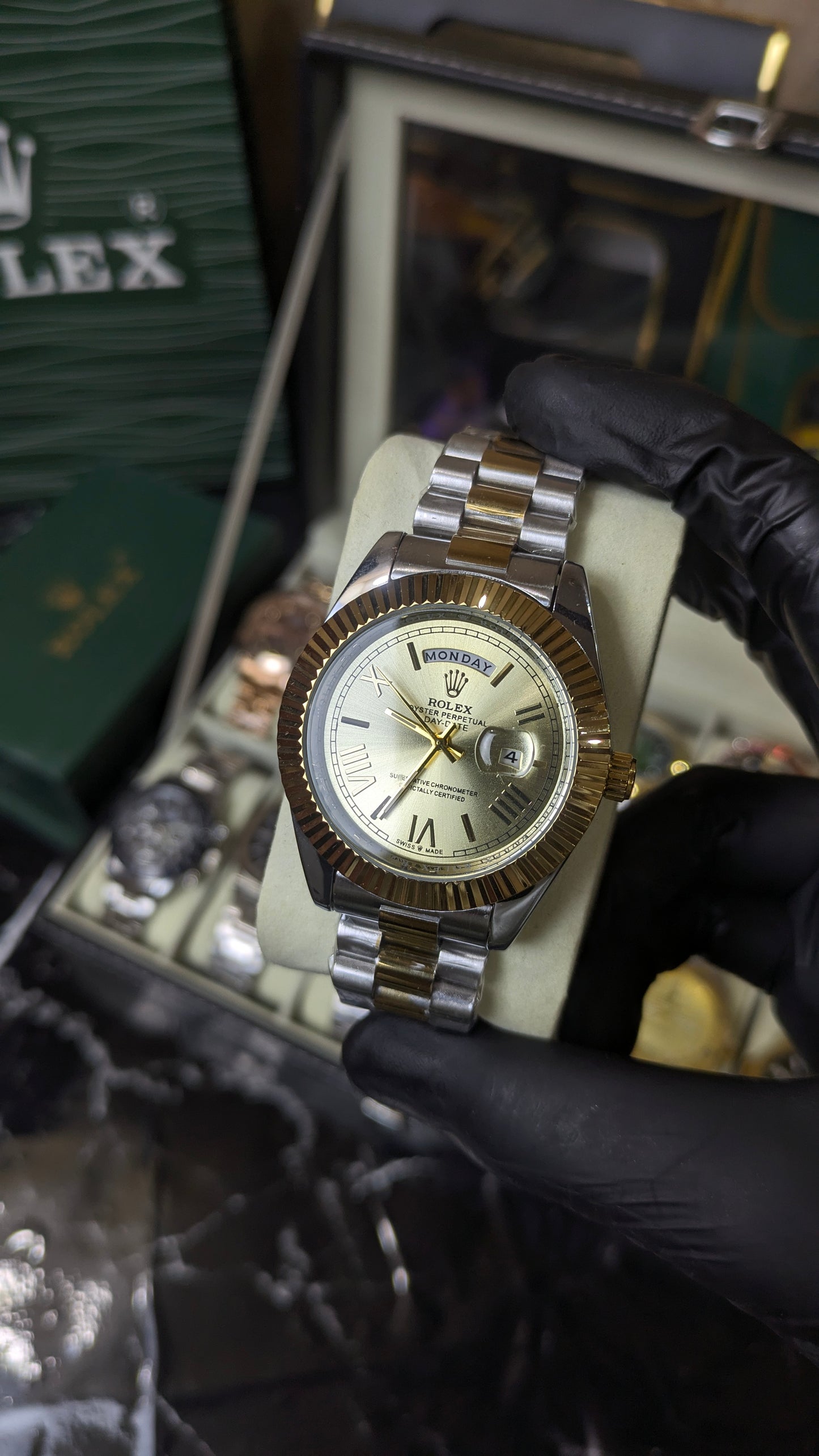 Rolex Oyster Perpetual | Master Quality | High Grade | Two Tone Gold | Crown Lock | Full Day-Date | Roman Dial