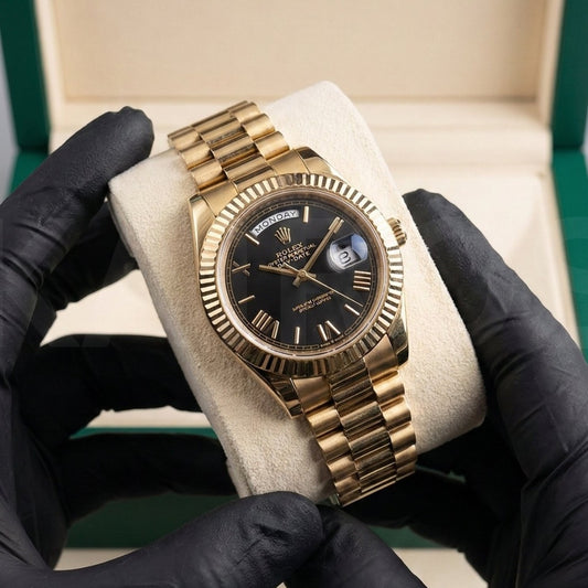 Rolex Oyster Perpetual | Master Quality | Gold Chain Black Dial | Crown Lock | Full Day Date | Roman Dial